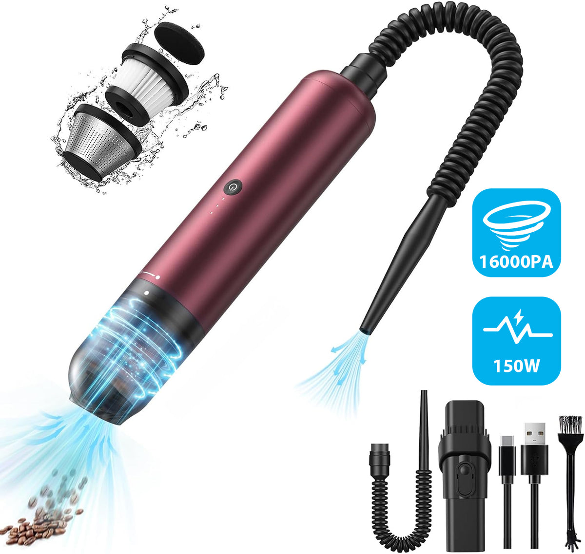EQUIPD Mini Handheld Vacuum Cleaner, 16000PA Powerful Suction,USB Charging, Keyboard Cleaner, Cordless Vacuum for Car Home and Office, Red(P12)