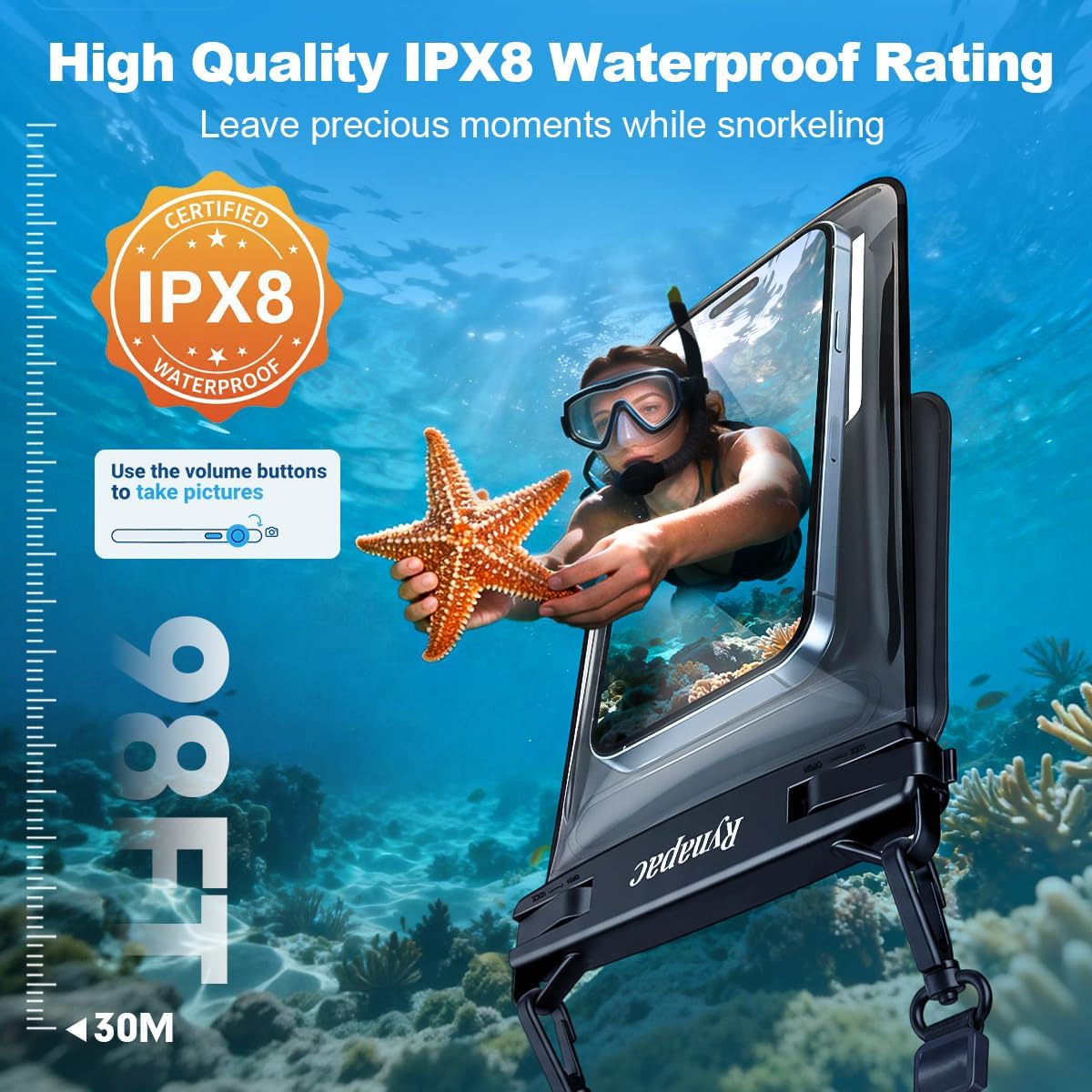 Rynapac Floating Waterproof Phone Pouch – IPX8 Dual-Compartment Design, Up to 8.5"
