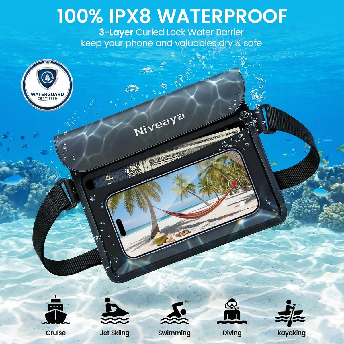 Niveaya IPX8 Waterproof Fanny Pack, 2-Pack – Built-In Divider