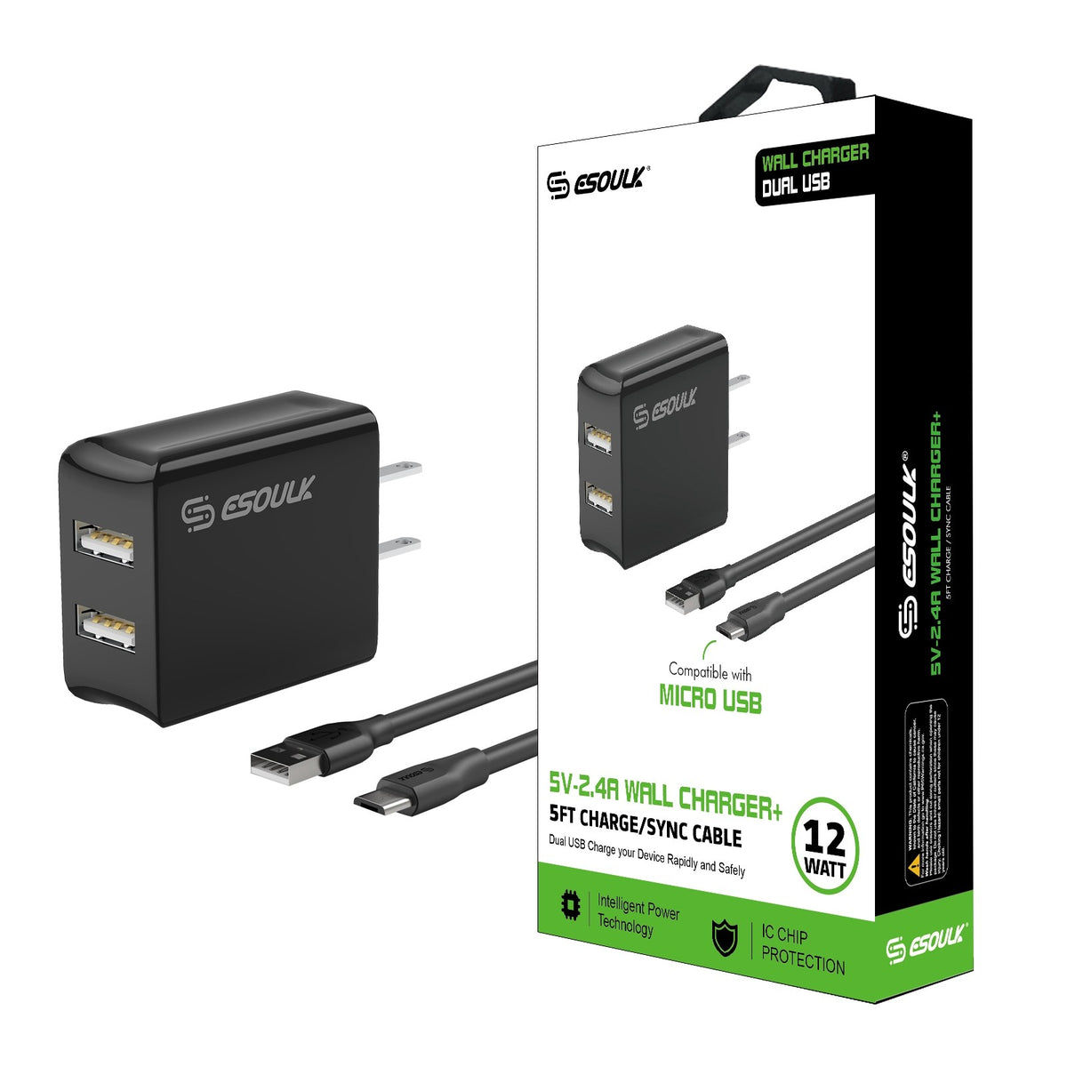 ESOULK 12W 2.4A Dual USB Travel Wall Charger with 5ft USB to Micro USB Charging Cable