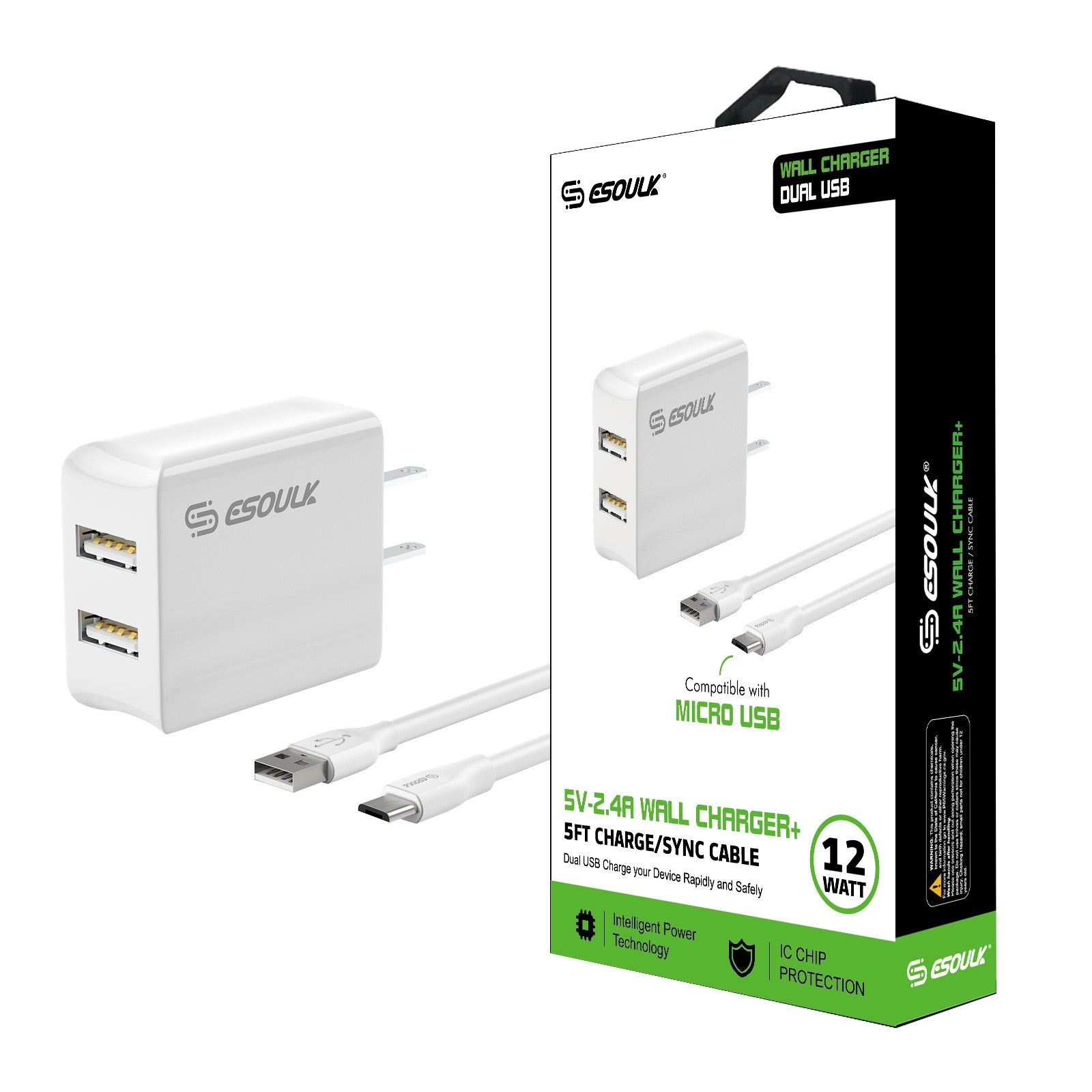 ESOULK 12W 2.4A Dual USB Travel Wall Charger with 5ft USB to Micro USB Charging Cable