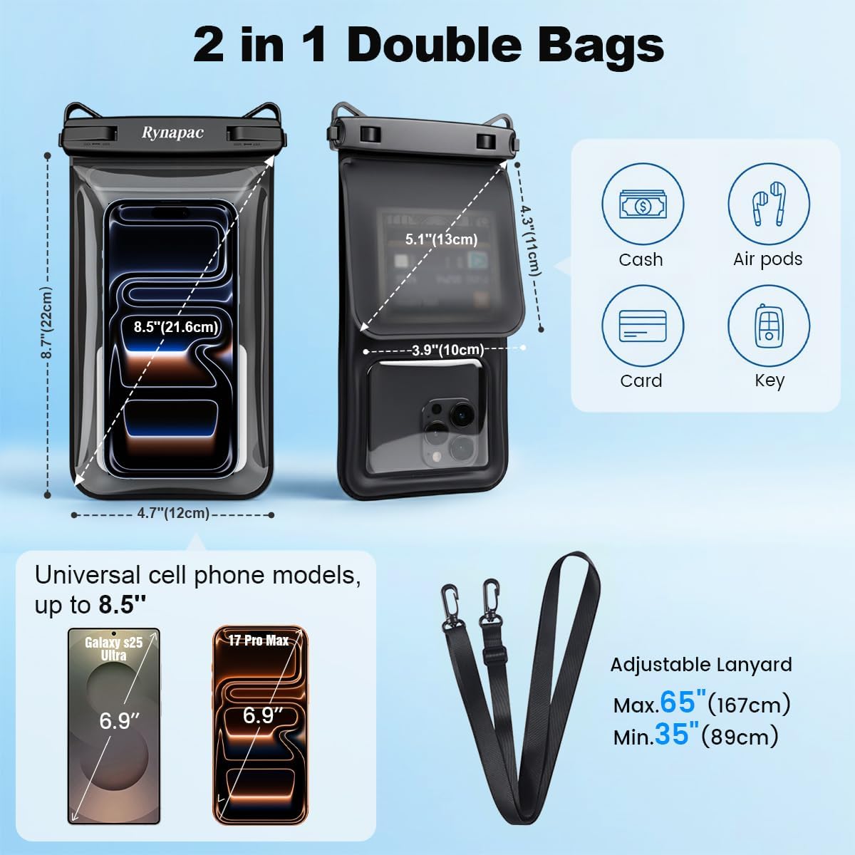 Rynapac Floating Waterproof Phone Pouch – IPX8 Dual-Compartment Design, Up to 8.5"