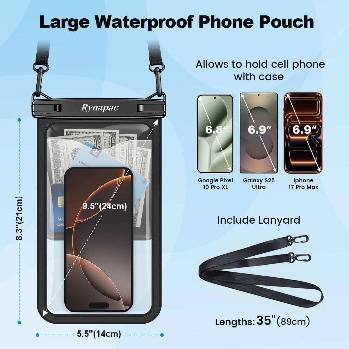 Rynapac Waterproof Phone Pouch, 2-Pack – IPX8 with Inner Pocket, 8.5" & 10"