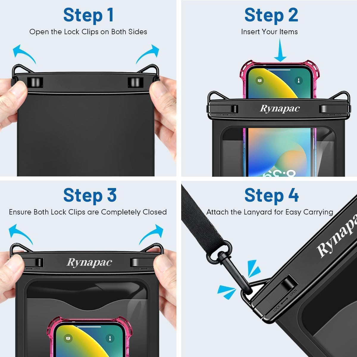 Rynapac Waterproof Phone Pouch, 2-Pack – IPX8 with Inner Pocket, 8.5" & 10"
