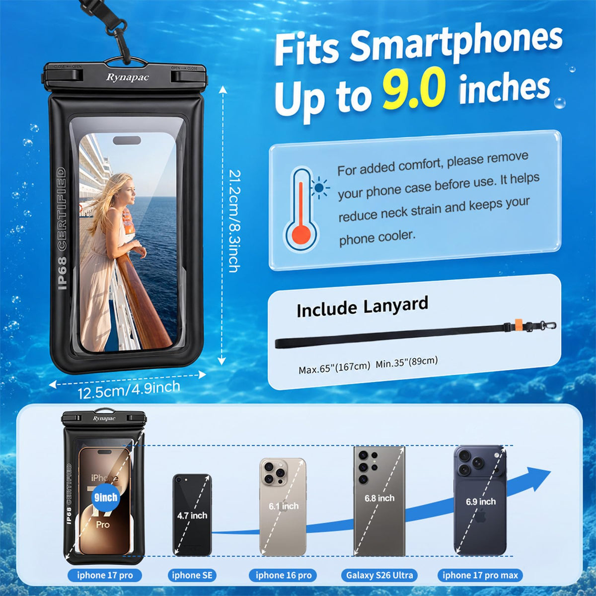 Rynapac Floating Waterproof Phone Pouch, 2-Pack – IP68, Up to 9.0"