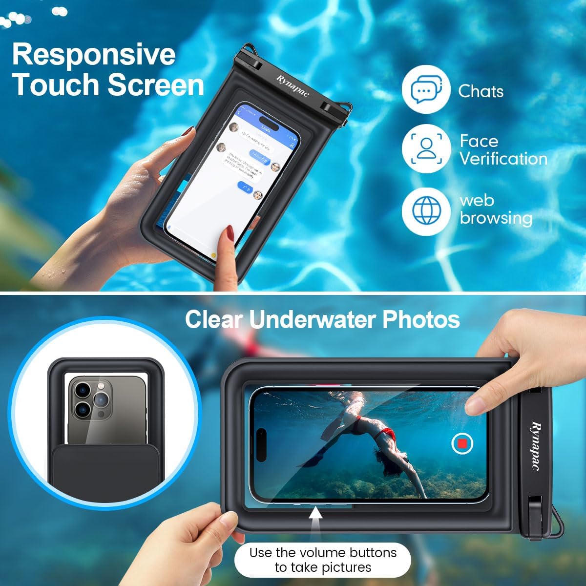 Rynapac Floating Waterproof Phone Pouch, 2-Pack – IPX8 Dual Compartment, Up to 8.5"