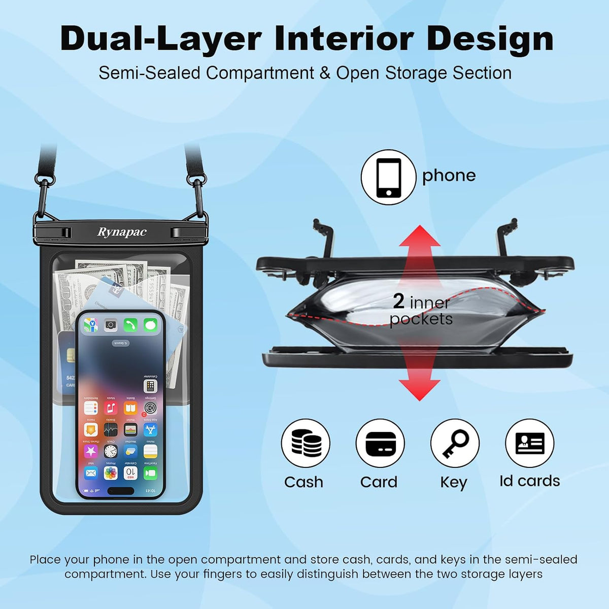 Rynapac Waterproof Phone Pouch, 2-Pack – IPX8 with Inner Pocket, 8.5" & 10"