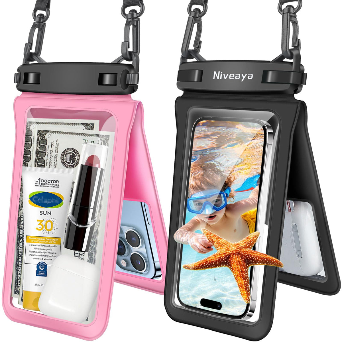 Niveaya Floating Waterproof Phone Pouch, 2-Pack – IPX8 Dual Compartment
