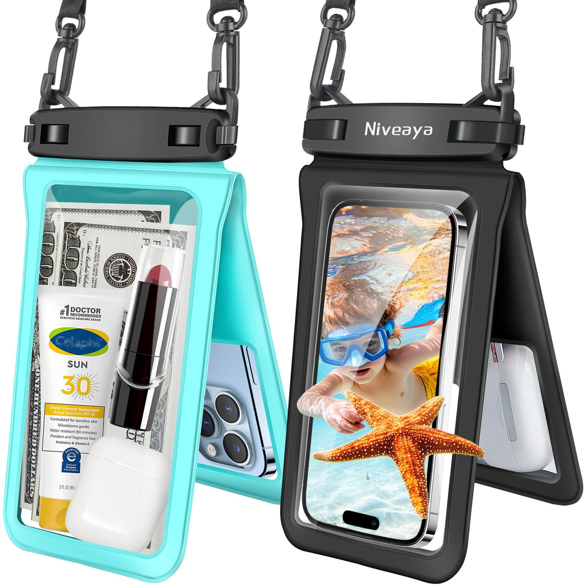 Niveaya Floating Waterproof Phone Pouch, 2-Pack – IPX8 Dual Compartment