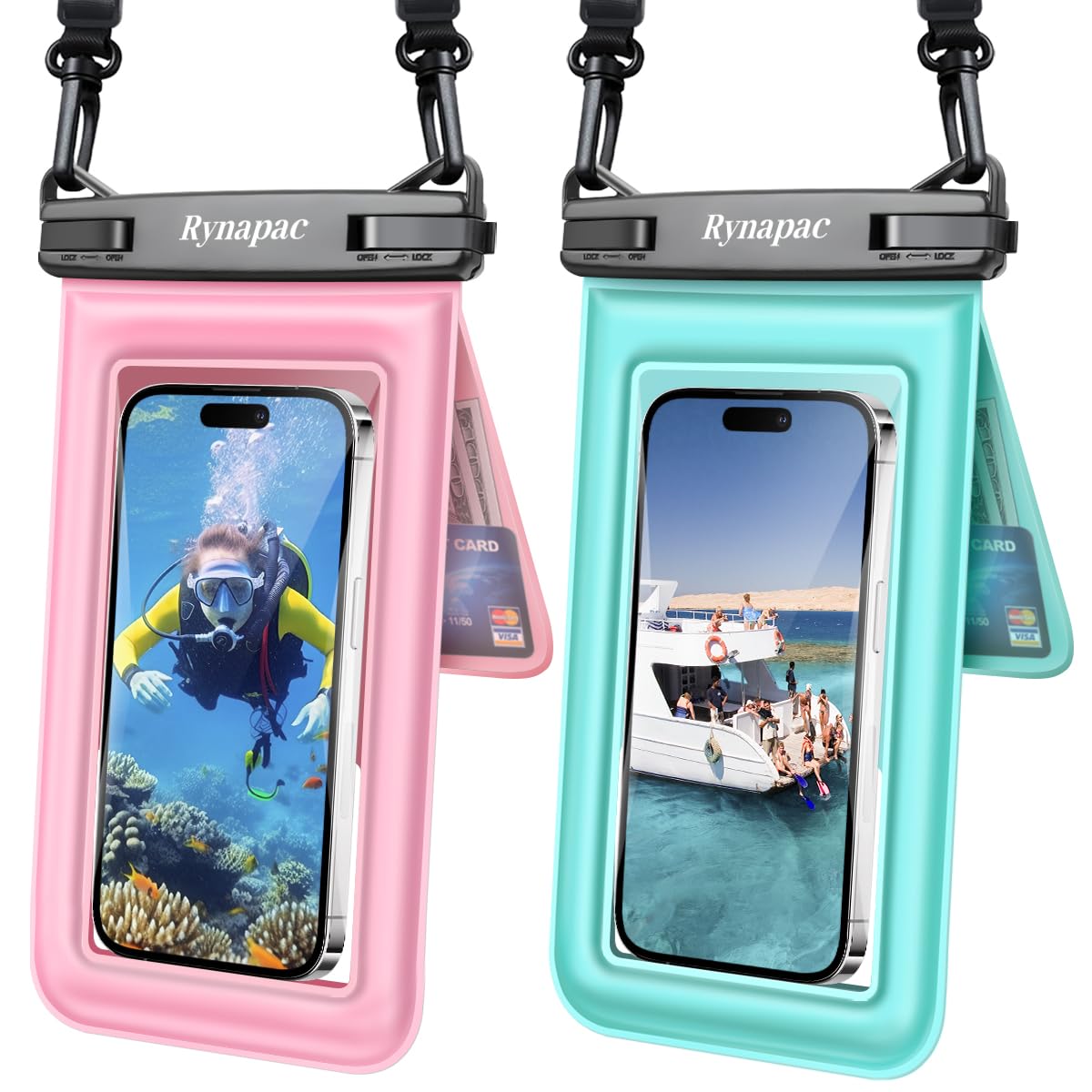 Rynapac Floating Waterproof Phone Pouch, 2-Pack – IPX8 Dual Compartment, Up to 8.5"
