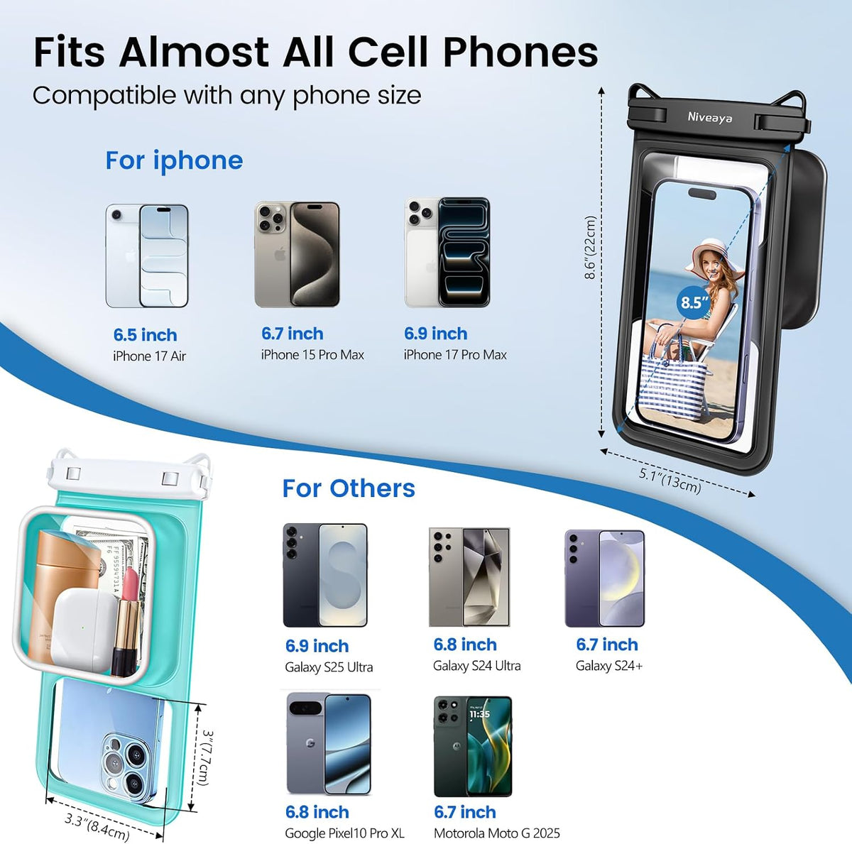 Niveaya Floating Waterproof Phone Pouch, 2-Pack – IPX8, Up to 8.5"