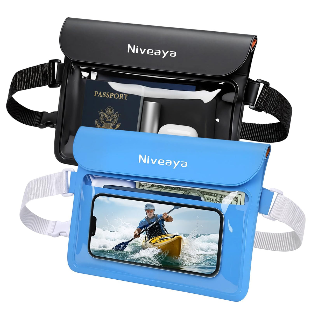 Niveaya IPX8 Waterproof Fanny Pack, 2-Pack – Built-In Divider