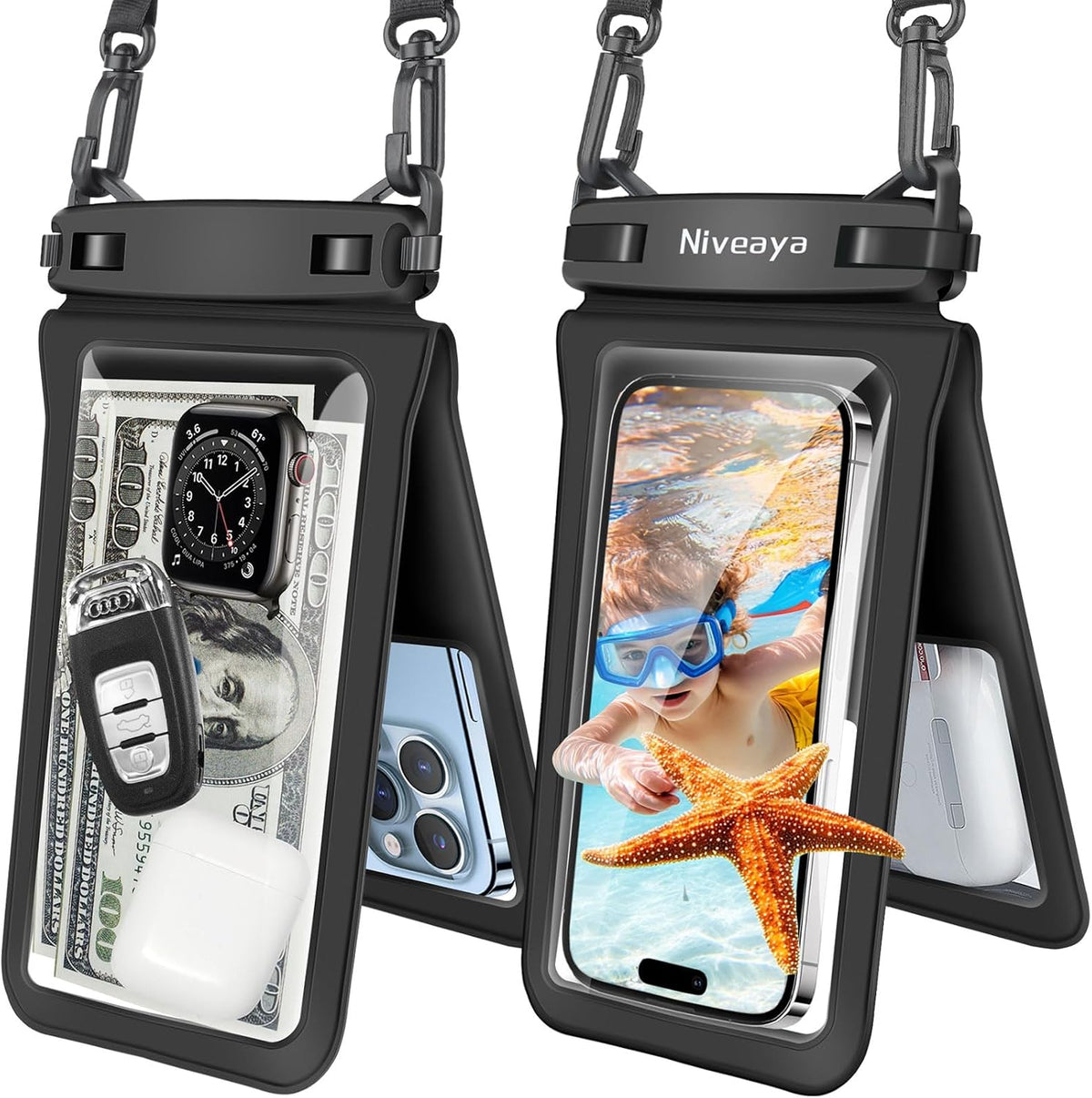 Niveaya Floating Waterproof Phone Pouch, 2-Pack – IPX8 Dual Compartment