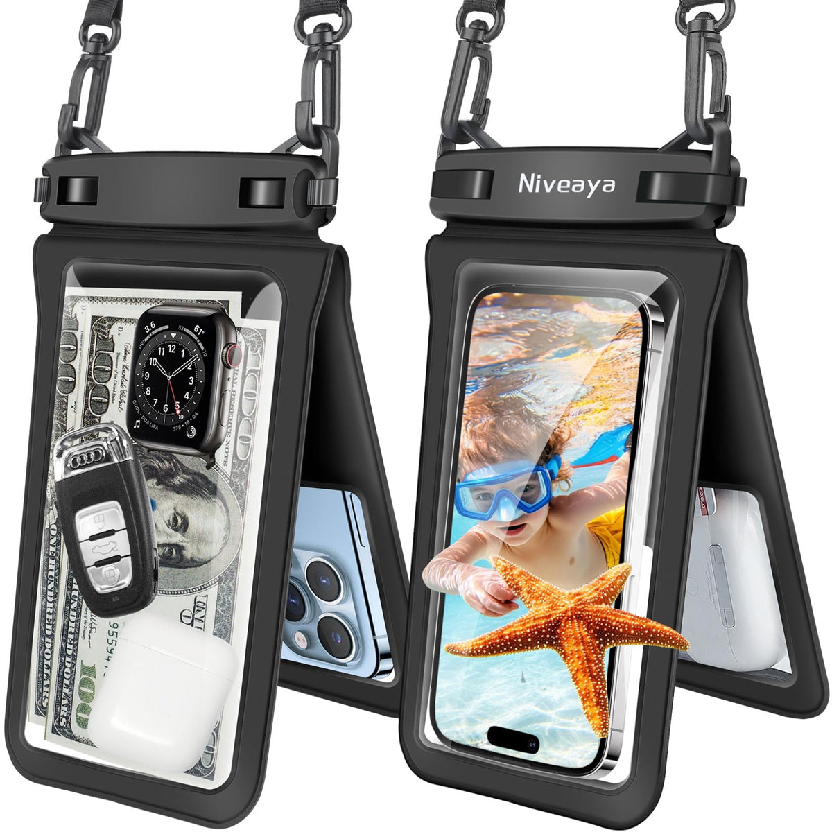 Niveaya Floating Waterproof Phone Pouch, 2-Pack – IPX8 Dual Compartment