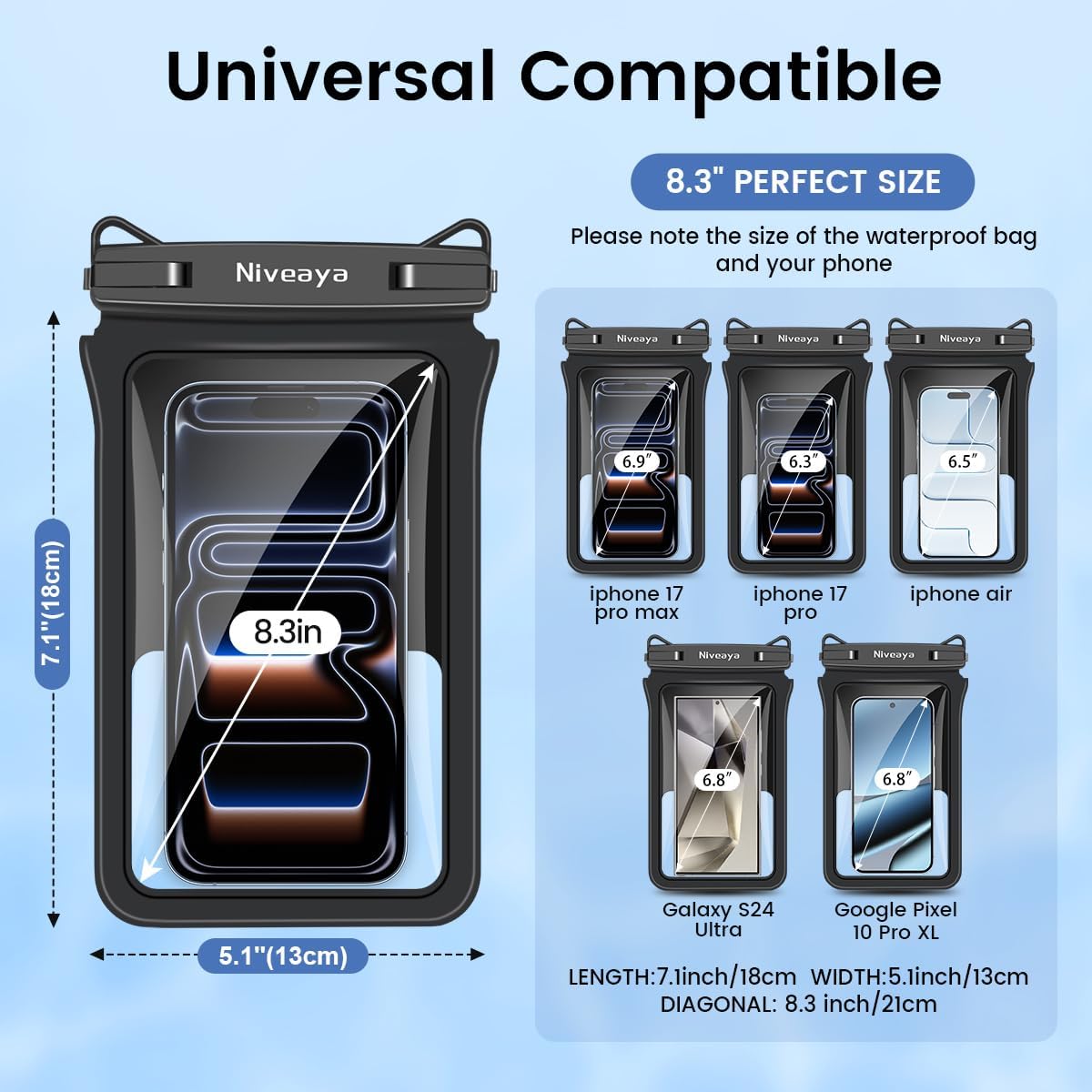 Niveaya Floating Waterproof Phone Pouch, 2-Pack – IPX8 Dual Compartment