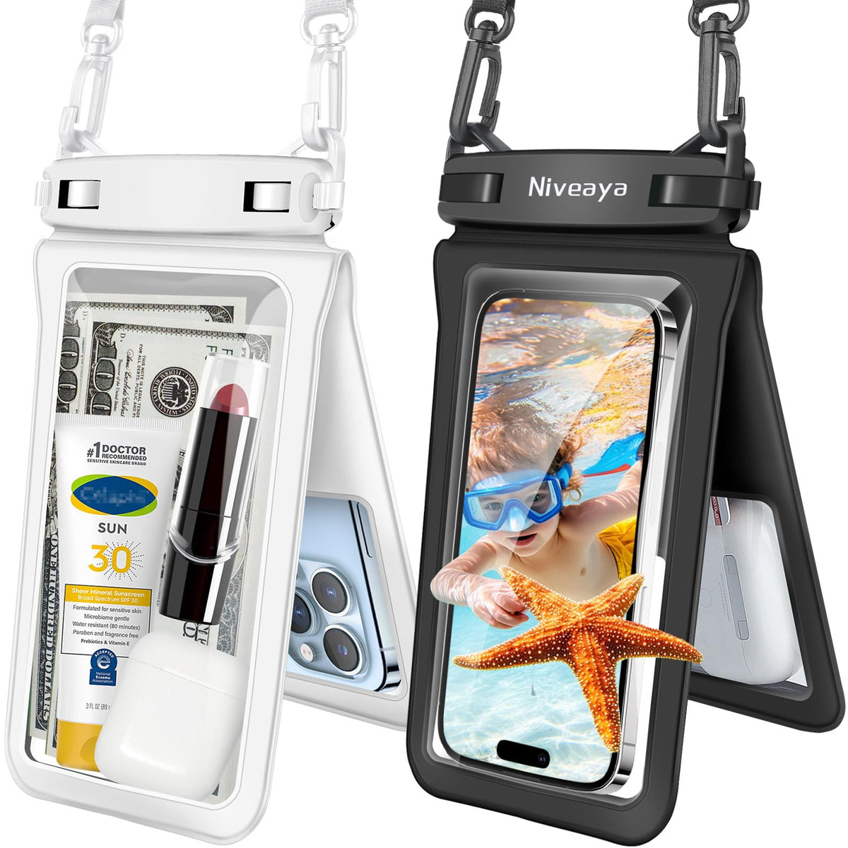 Niveaya Floating Waterproof Phone Pouch, 2-Pack – IPX8 Dual Compartment