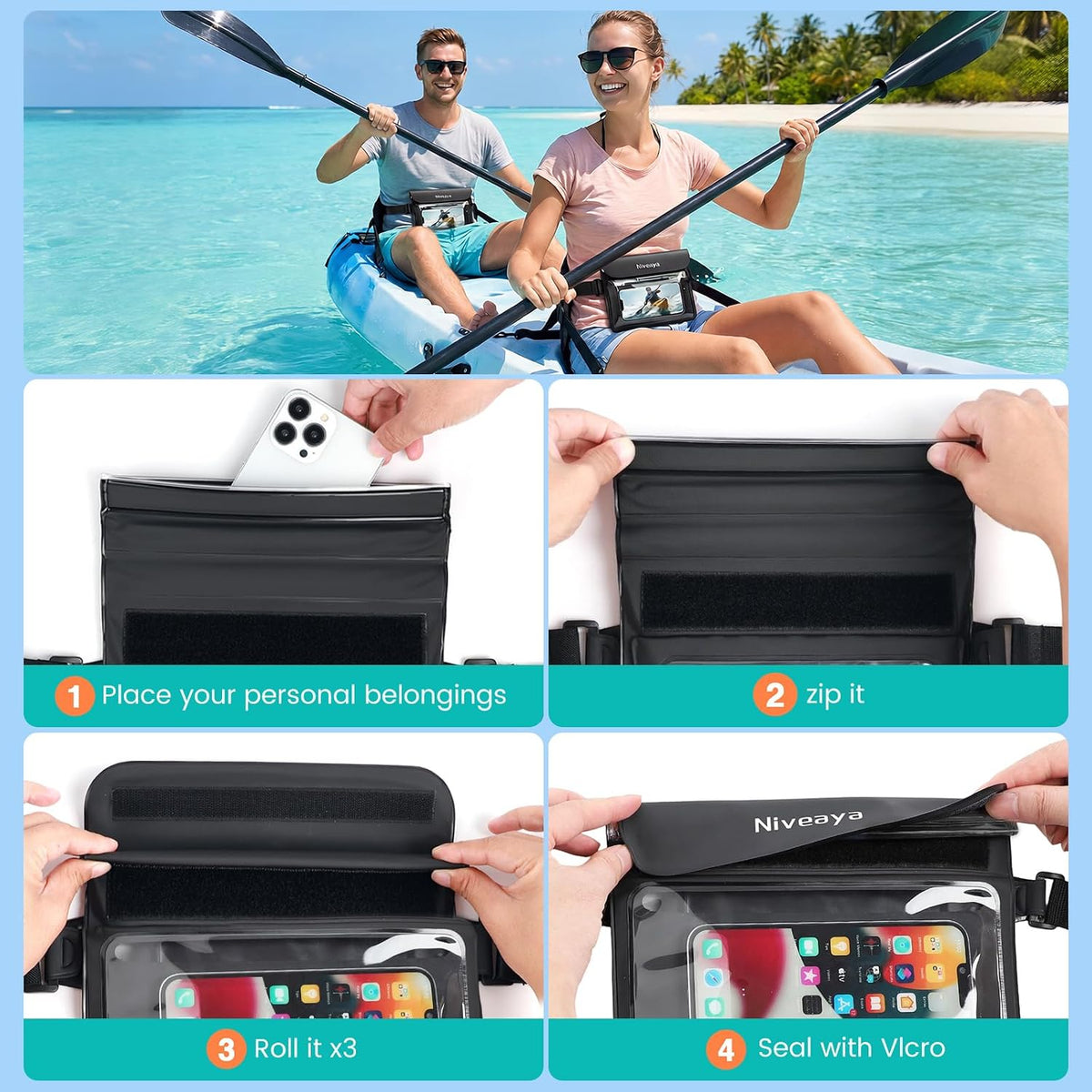 Niveaya IPX8 Waterproof Fanny Pack, 2-Pack – Built-In Divider