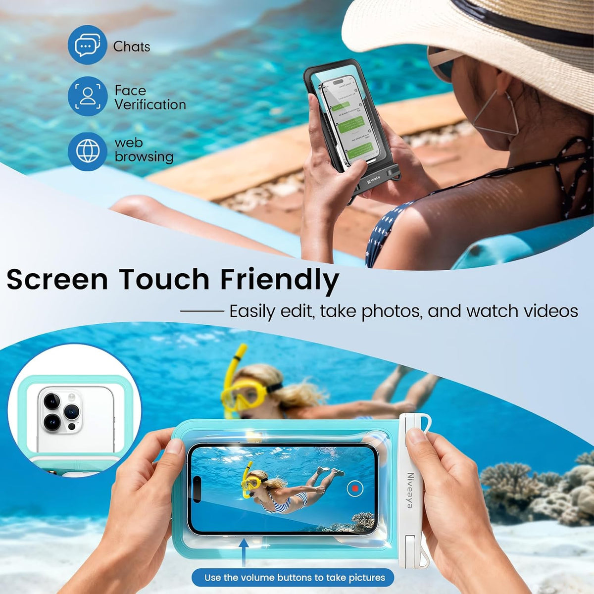 Niveaya Floating Waterproof Phone Pouch, 2-Pack – IPX8, Up to 8.5"