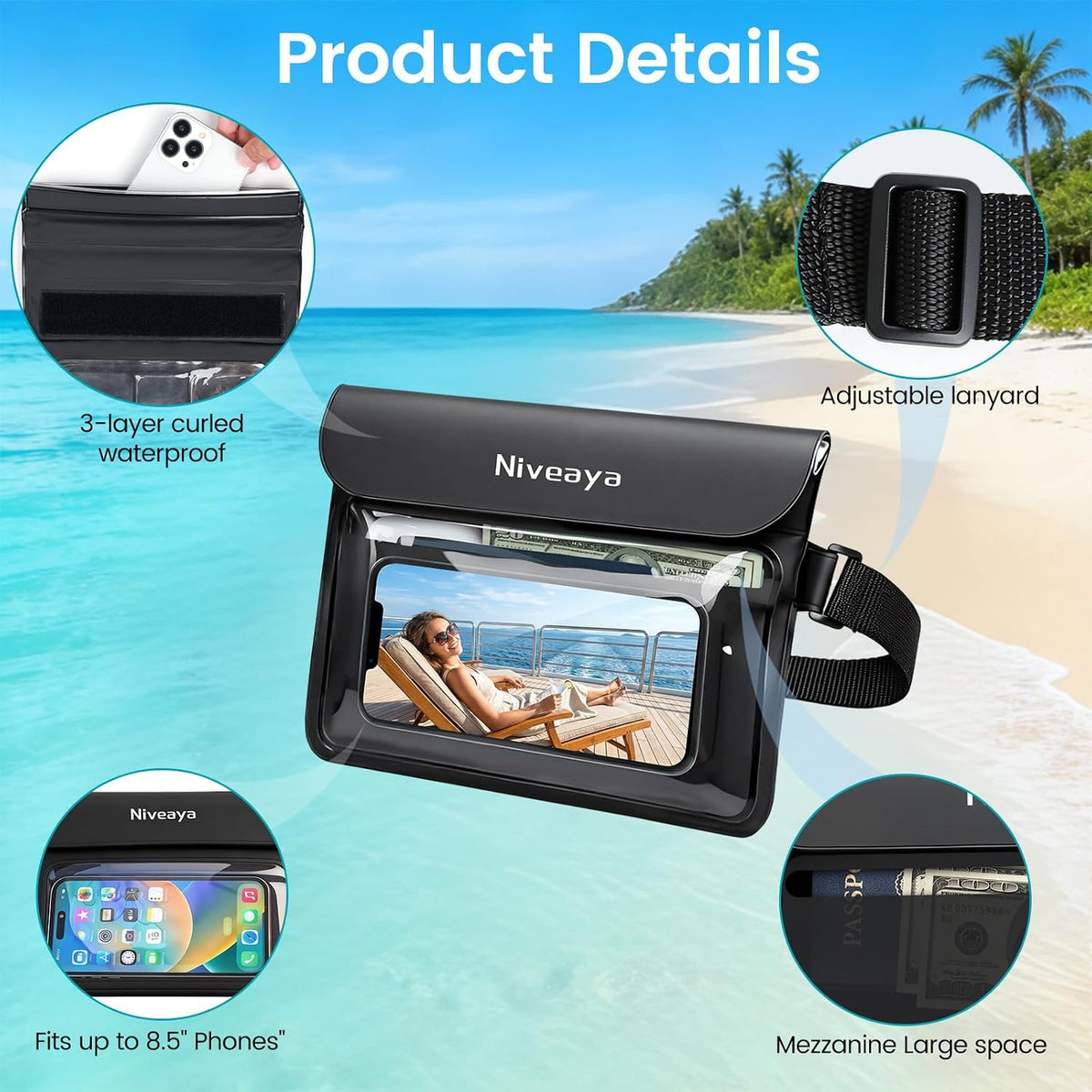 Niveaya IPX8 Waterproof Fanny Pack, 2-Pack – Built-In Divider