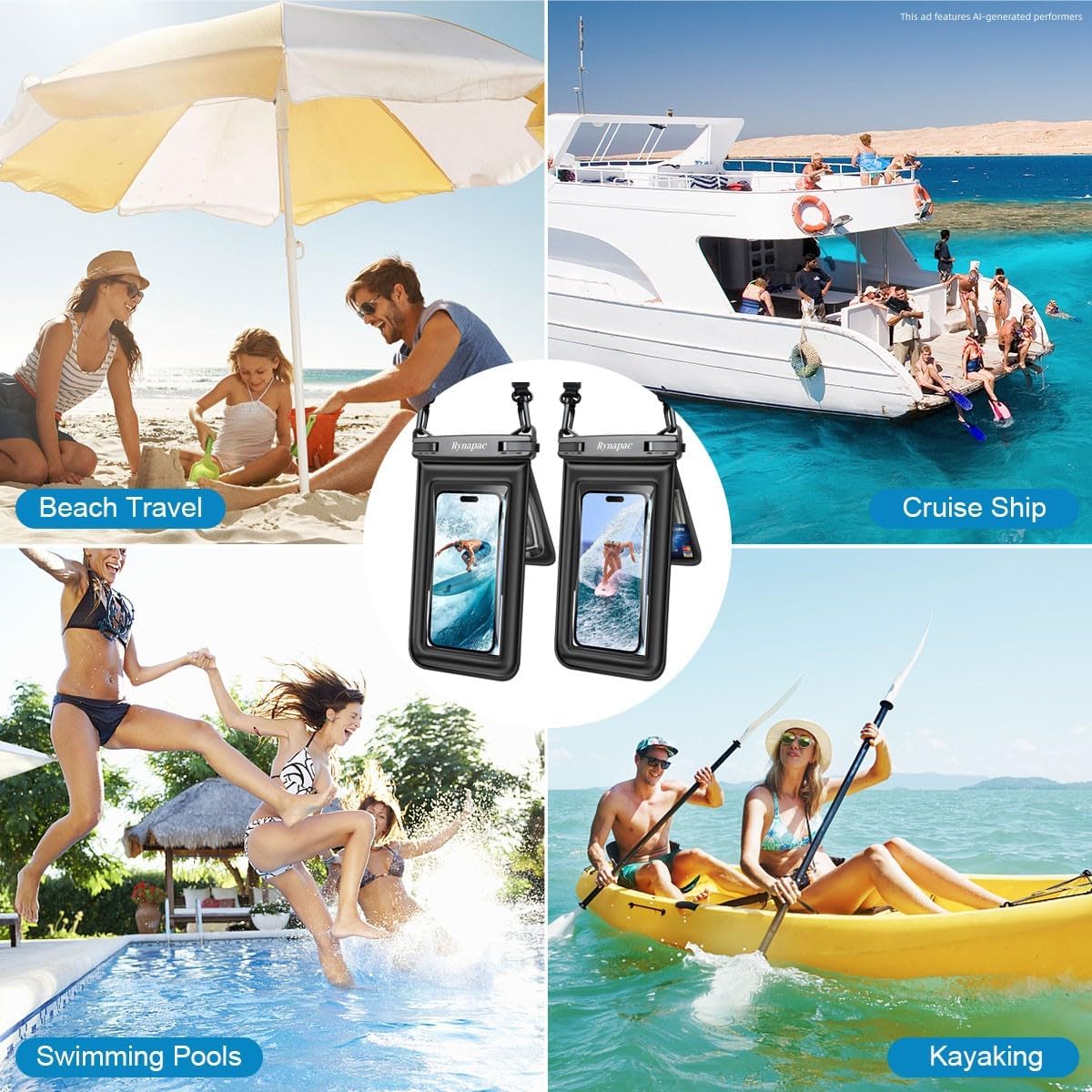 Rynapac Floating Waterproof Phone Pouch, 2-Pack – IPX8 Dual Compartment, Up to 8.5"