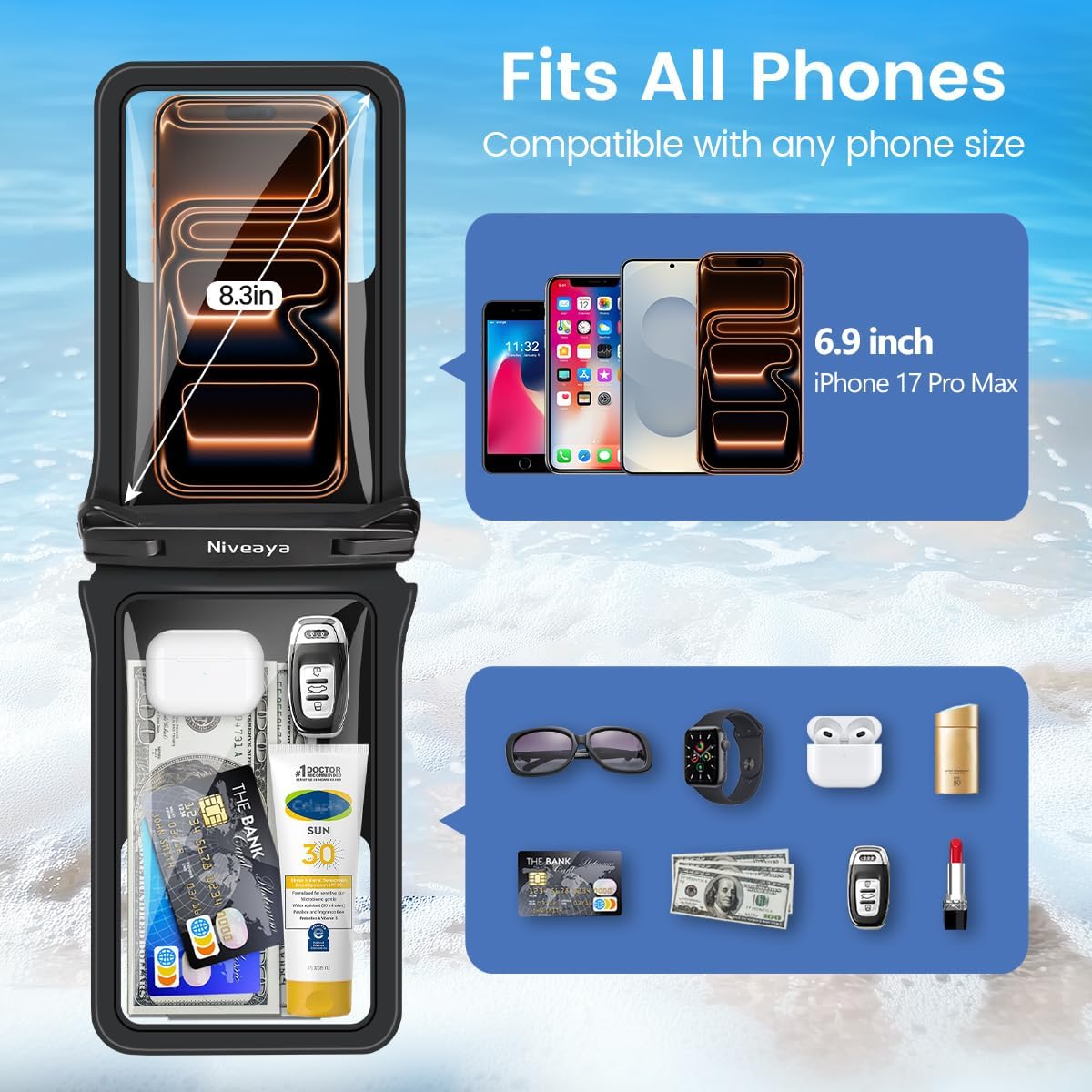 Niveaya Floating Waterproof Phone Pouch, 2-Pack – IPX8 Dual Compartment
