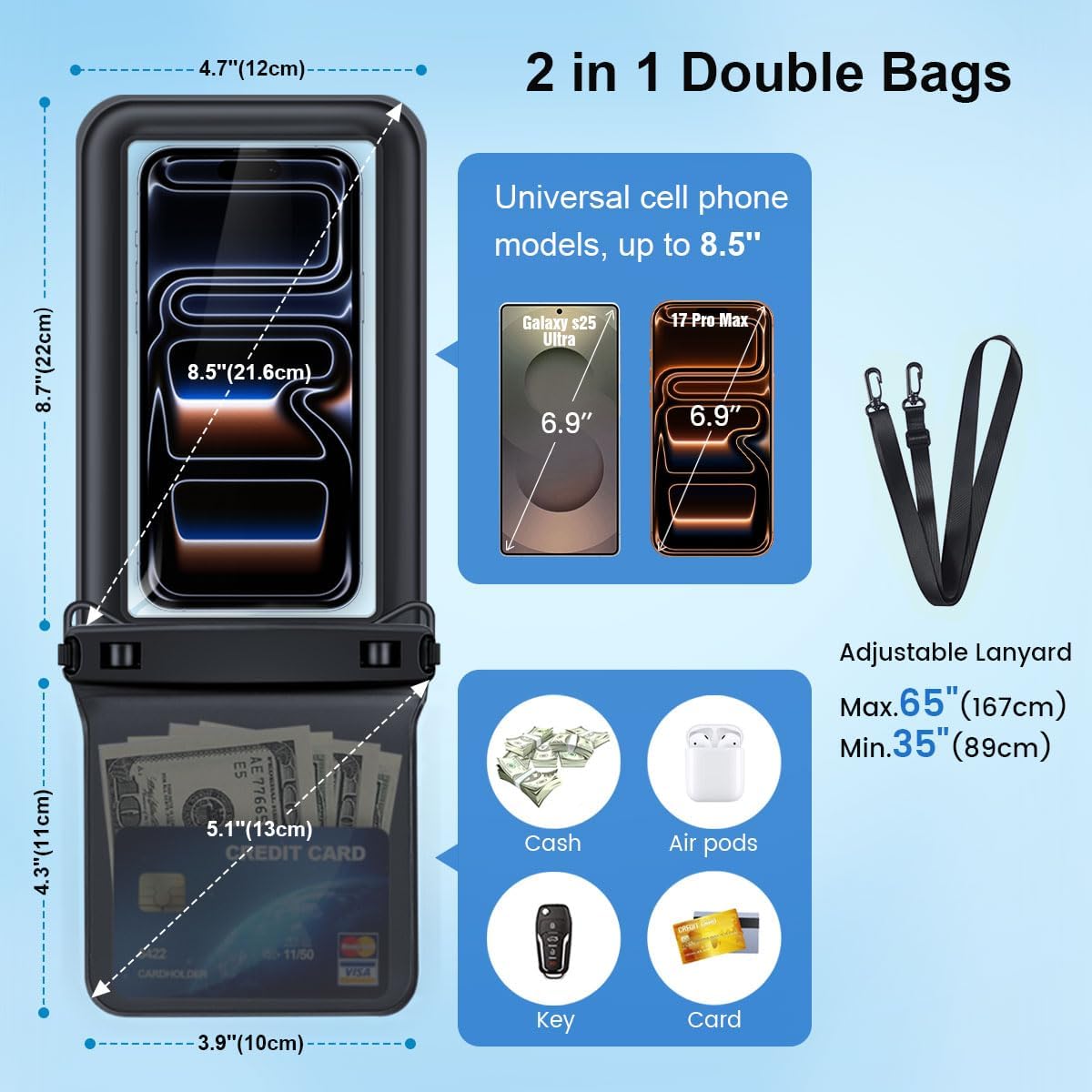 Rynapac Floating Waterproof Phone Pouch, 2-Pack – IPX8 Dual Compartment, Up to 8.5"