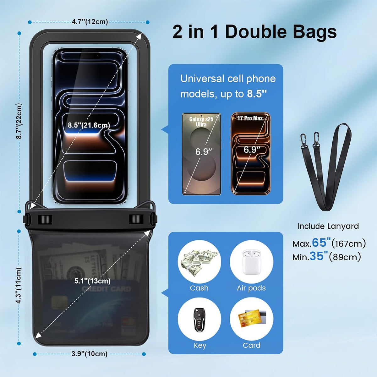 Rynapac Waterproof Phone Pouch, 2-Pack – IPX8 Dual Compartment, Up to 8.5"