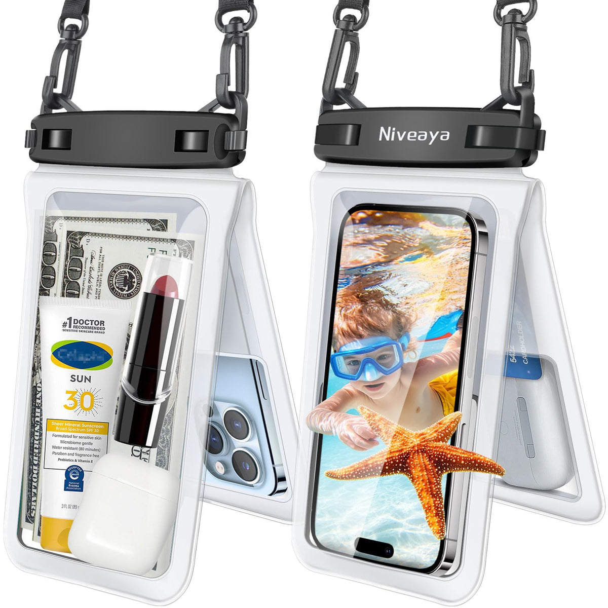 Niveaya Floating Waterproof Phone Pouch, 2-Pack – IPX8 Dual Compartment