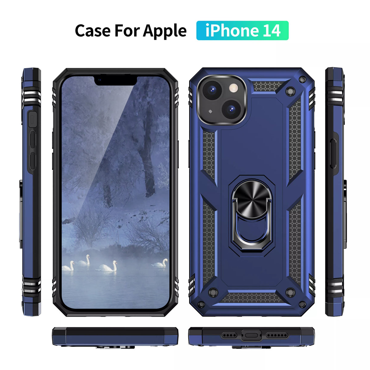 TJS "DuoGuard" Ring Kickstand Phone Case for iPhone 14 Max