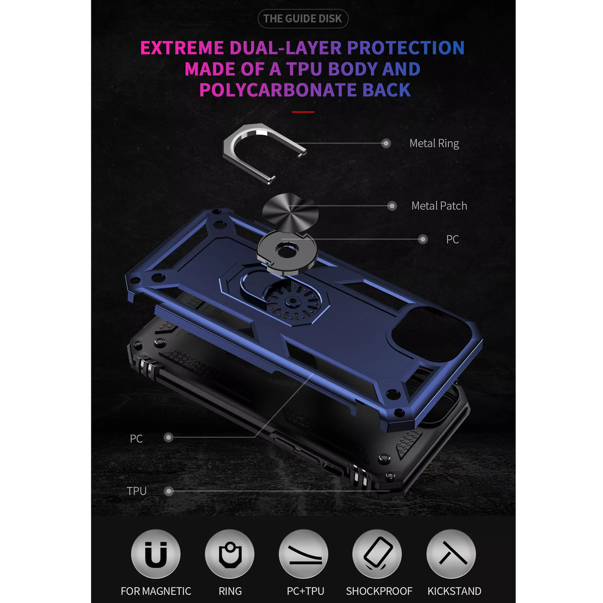 TJS "DuoGuard" Ring Kickstand Phone Case for iPhone 14 Max