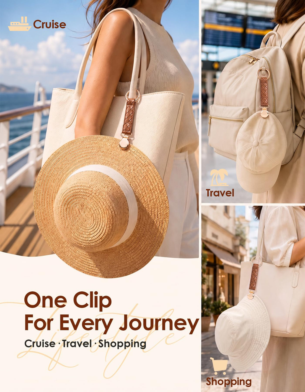 Niveaya Hat Clip for Travel on Bag, Sturdy Light Gold Metal Clip, 2 Pack detail 3