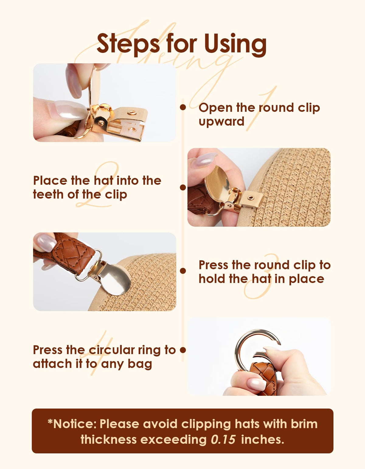 Niveaya Hat Clip for Travel on Bag, Sturdy Light Gold Metal Clip, 2 Pack detail 6
