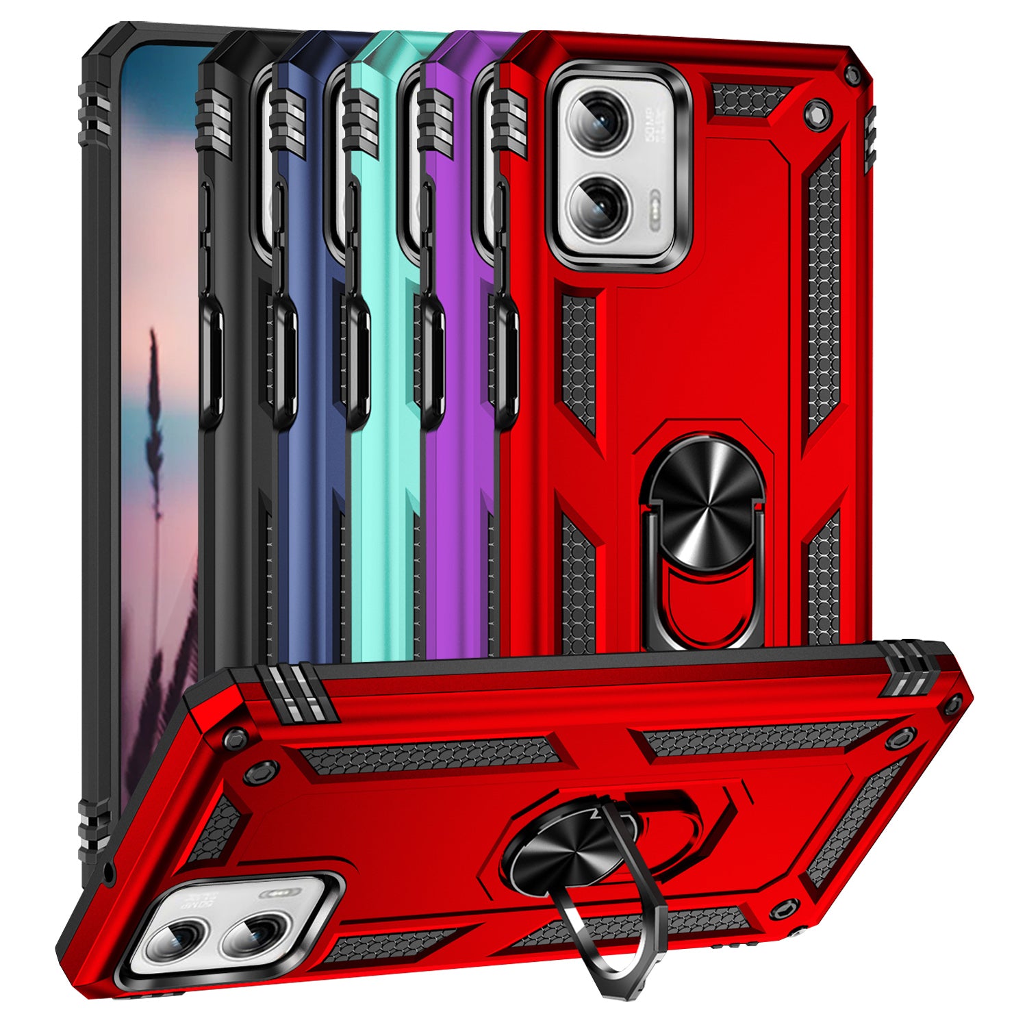 TJS "DuoGuard" Ring Kickstand Phone Case for Motorola Moto G Power 2023