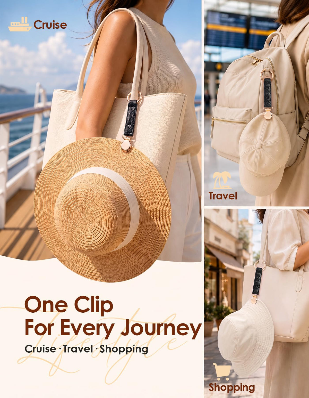 Niveaya Hat Clip for Travel 2Pcs, Sleek Woven Design with Durable Metal Clip, Secure Hat Holder for Straw Sun Hats & Baseball Cap on Bag Purse Backpack Luggage, Chic Beach Cruise Travel Essentials detail 3