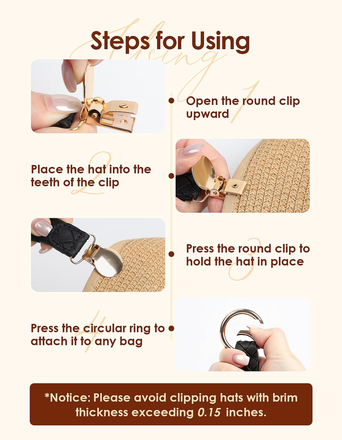 Niveaya Hat Clip for Travel 2Pcs, Sleek Woven Design with Durable Metal Clip, Secure Hat Holder for Straw Sun Hats & Baseball Cap on Bag Purse Backpack Luggage, Chic Beach Cruise Travel Essentials detail 6