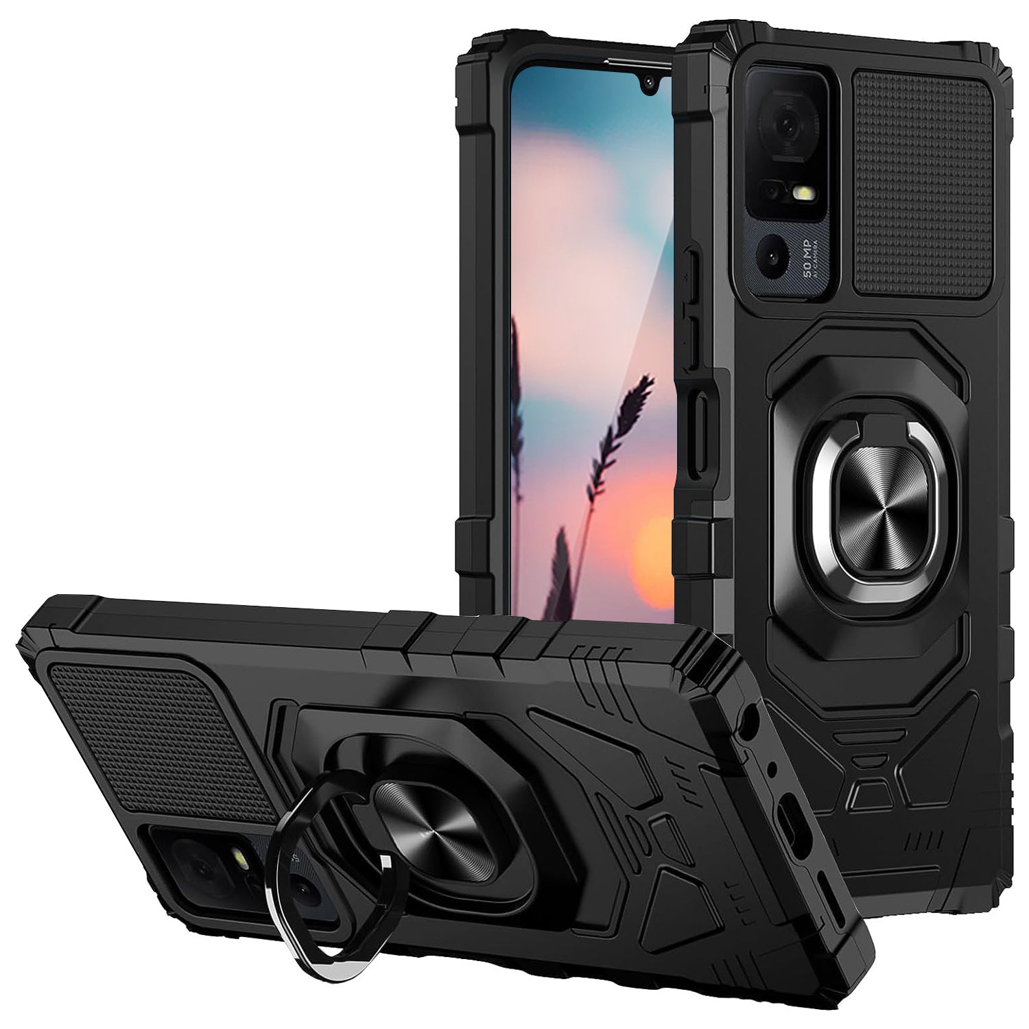 TJS "ArmorMax" Ring Kickstand Phone Case for TCL 40 XL / TCL 40 T (T608DL)