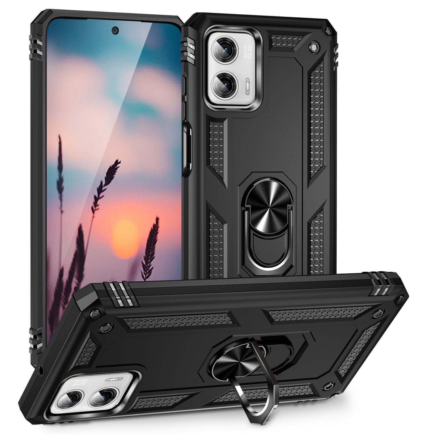 TJS "DuoGuard" Ring Kickstand Phone Case for Motorola Moto G Power 2023
