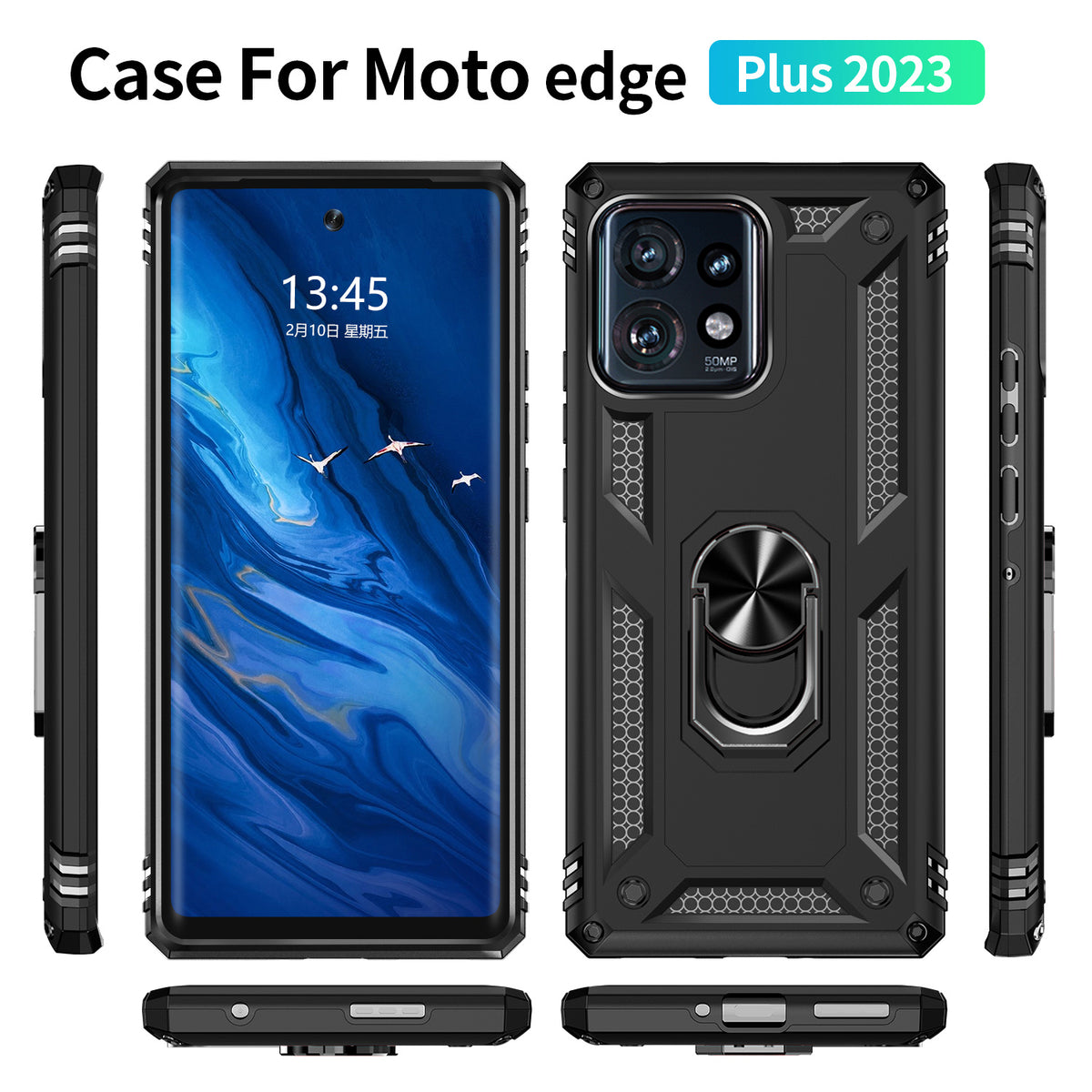 TJS "DuoGuard" Ring Kickstand Phone Case for Motorola Edge Plus 2023