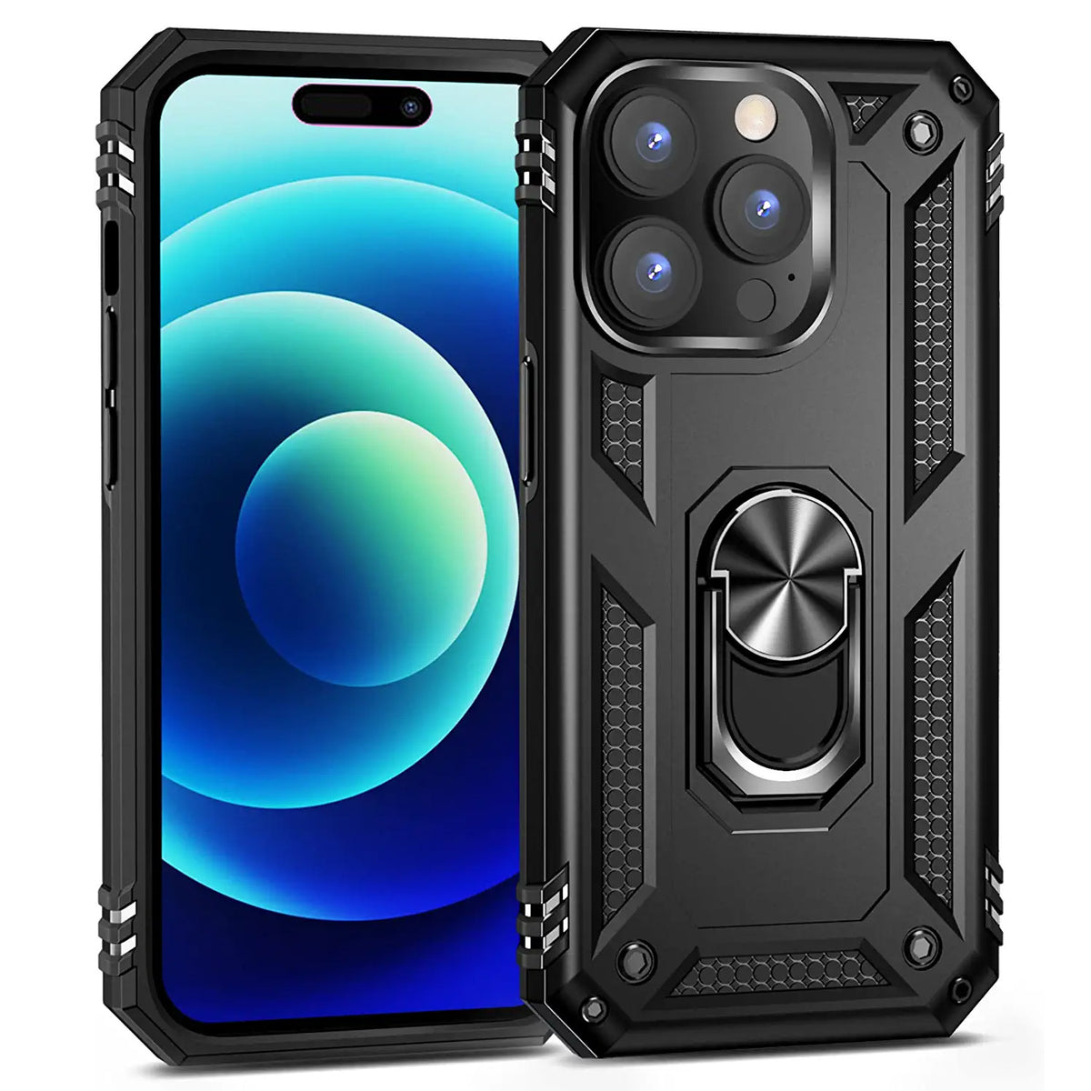 TJS "DuoGuard" Ring Kickstand Phone Case for iPhone 14 Pro