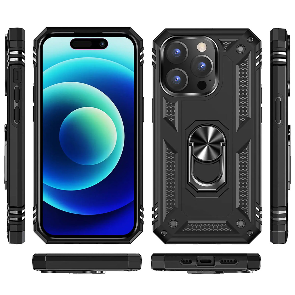TJS "DuoGuard" Ring Kickstand Phone Case for iPhone 14 Pro
