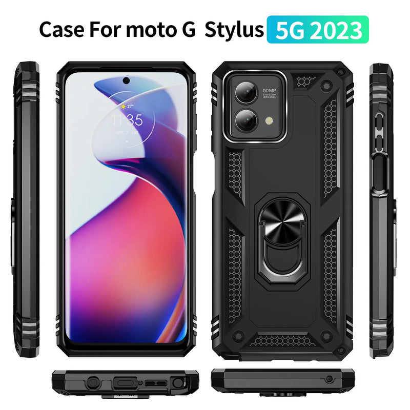 TJS "DuoGuard" Ring Kickstand Phone Case for Motorola G Stylus 5G 2023