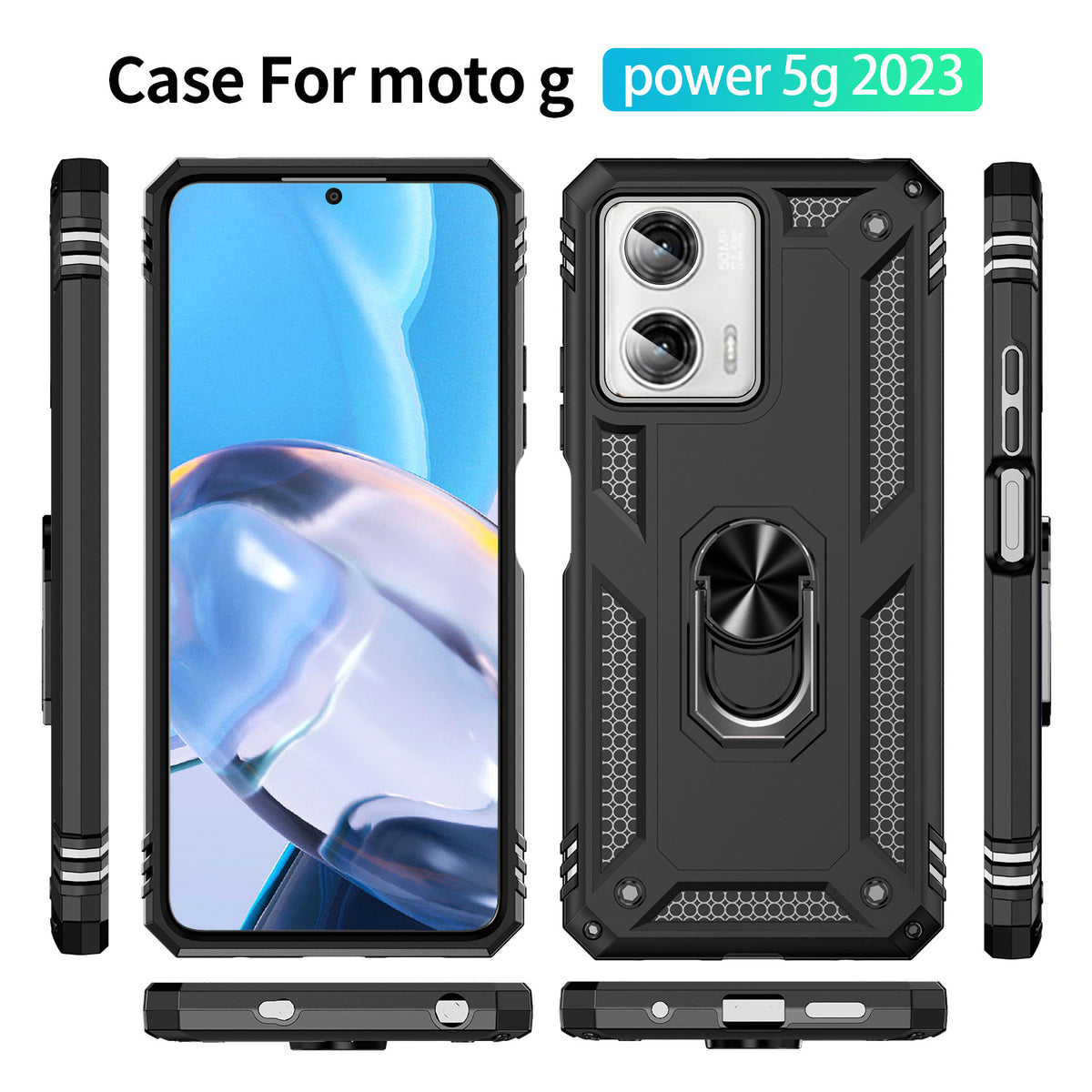 TJS "DuoGuard" Ring Kickstand Phone Case for Motorola Moto G Power 2023