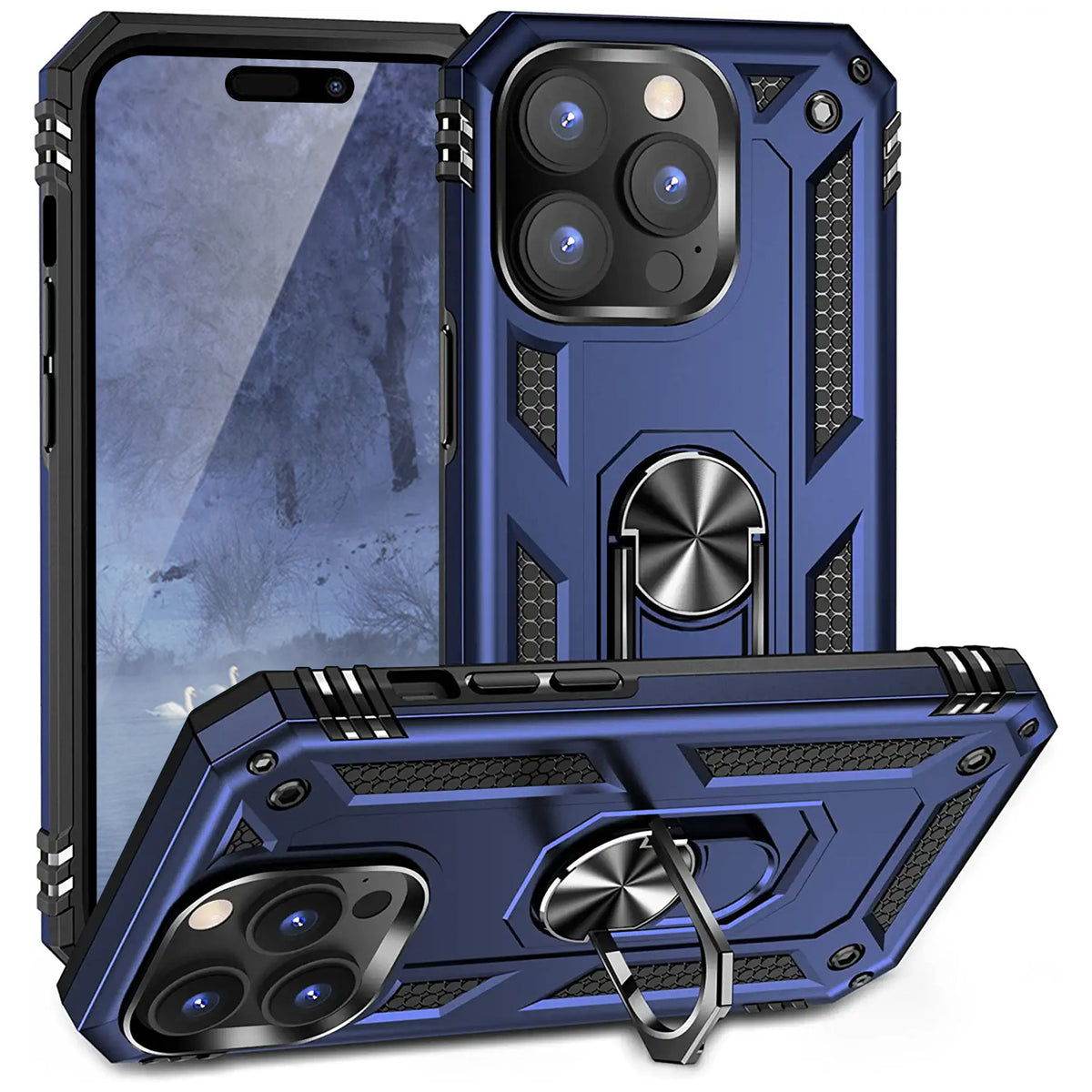 TJS "DuoGuard" Ring Kickstand Phone Case for iPhone 14 Pro