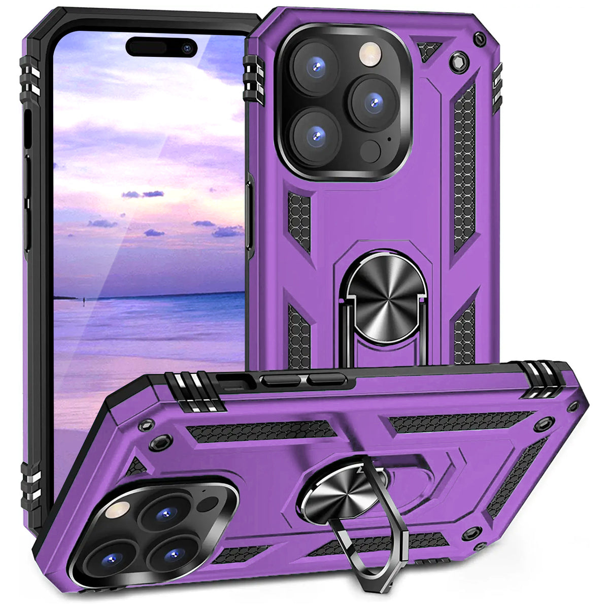 TJS "DuoGuard" Ring Kickstand Phone Case for iPhone 14 Pro