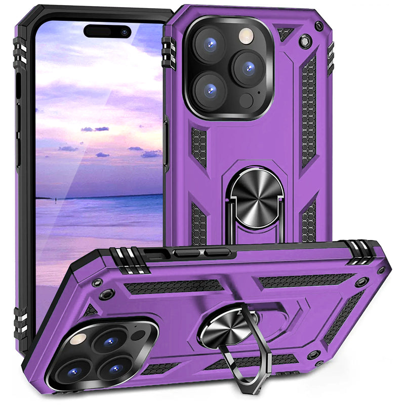 TJS "DuoGuard" Ring Kickstand Phone Case for iPhone 14 Pro