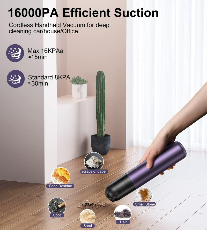 EQUIPD Mini Handheld Vacuum Cleaner, 16000PA Powerful Suction,USB Charging, Keyboard Cleaner, Cordless Vacuum for Car Home and Office, Purple（P12）