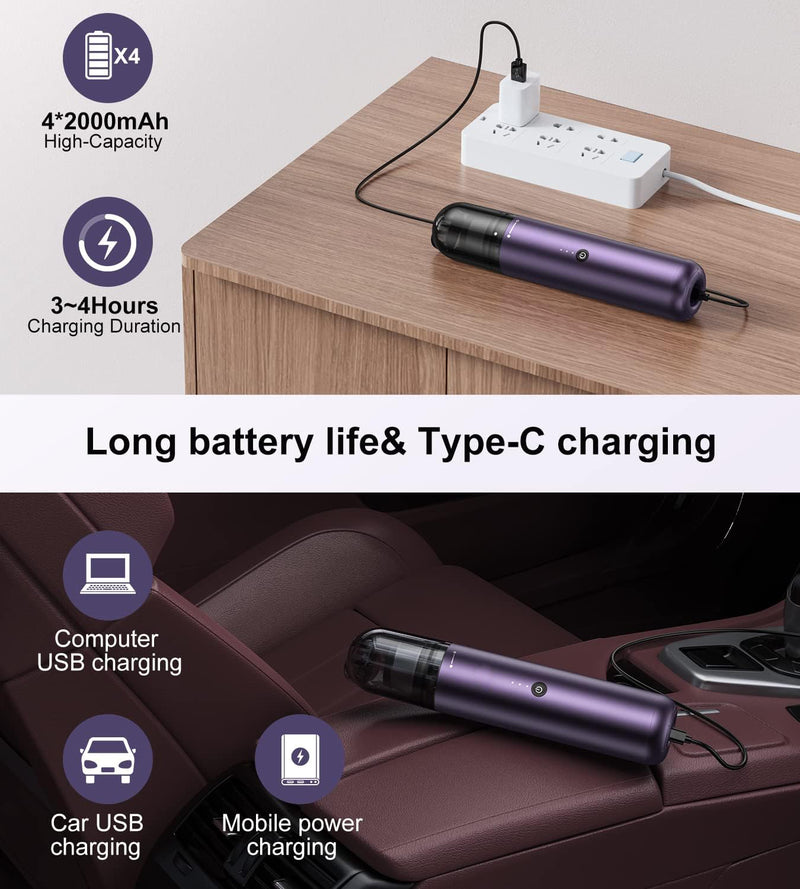 EQUIPD Mini Handheld Vacuum Cleaner, 16000PA Powerful Suction,USB Charging, Keyboard Cleaner, Cordless Vacuum for Car Home and Office, Purple（P12）