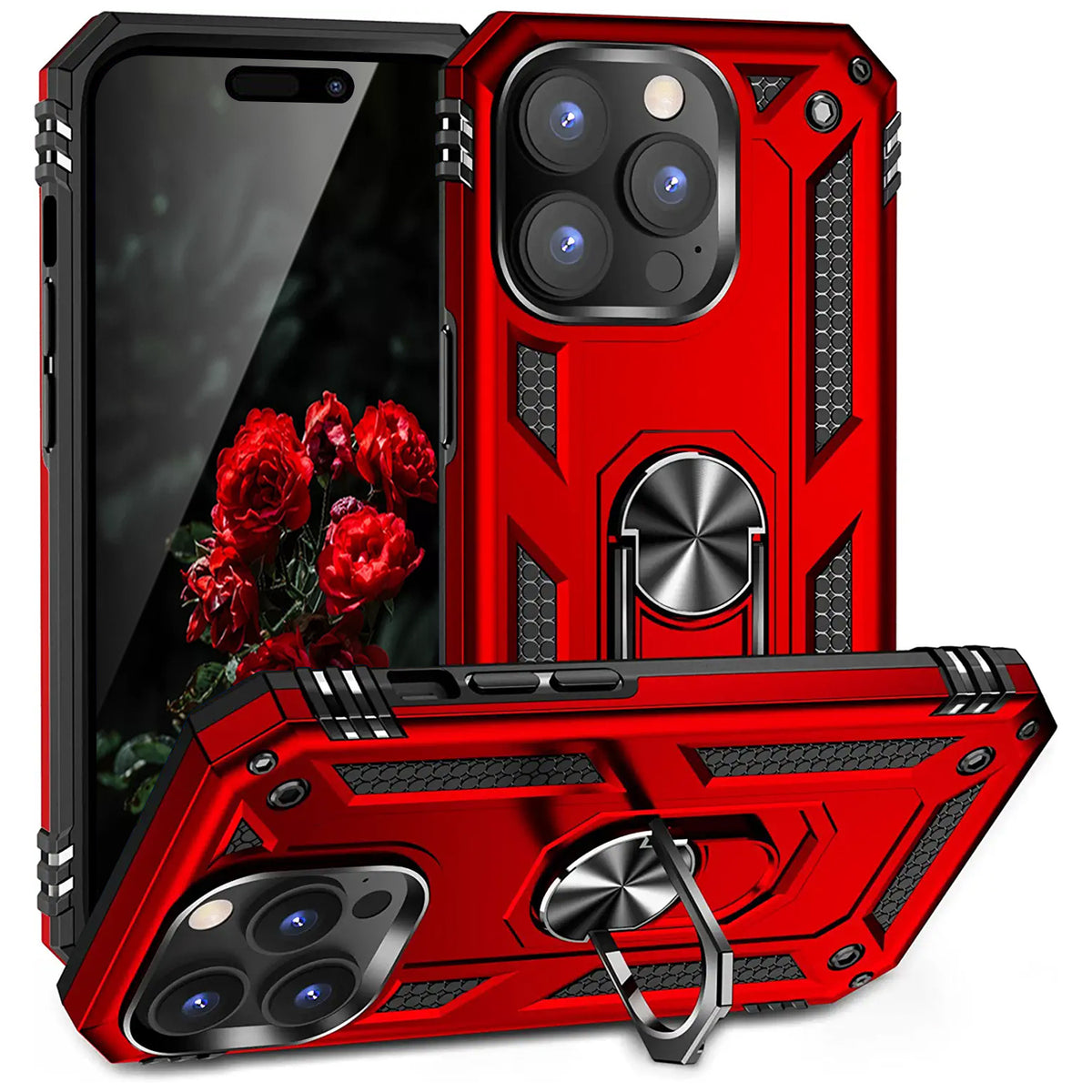 TJS "DuoGuard" Ring Kickstand Phone Case for iPhone 14 Pro