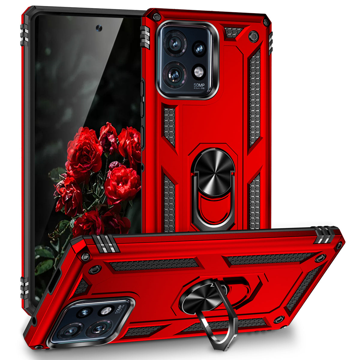 TJS "DuoGuard" Ring Kickstand Phone Case for Motorola Edge Plus 2023