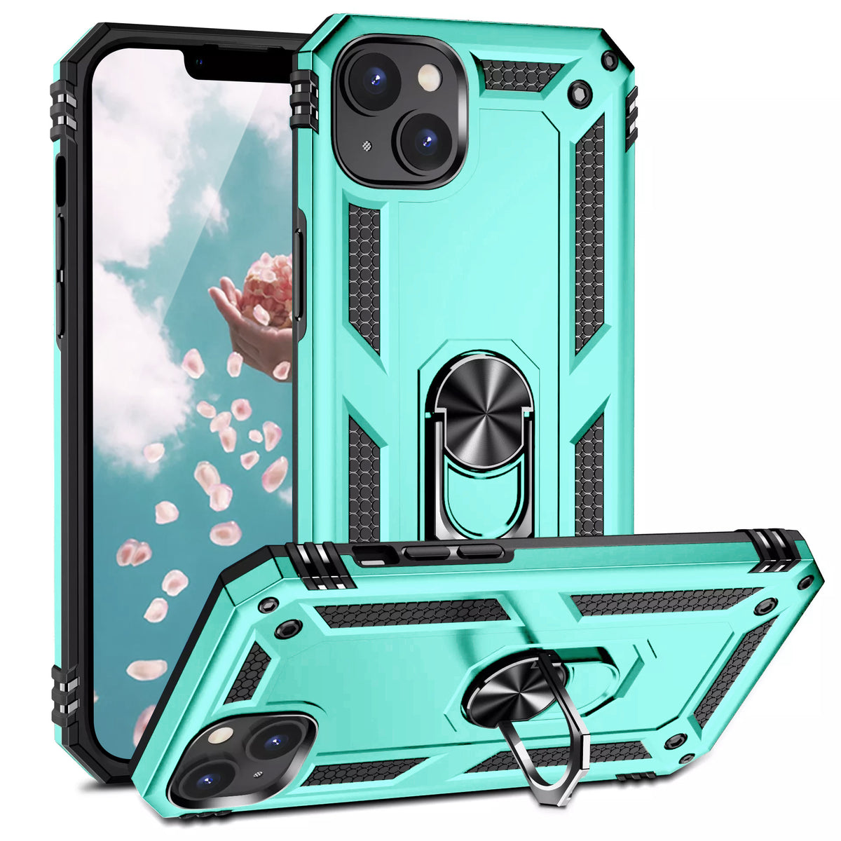TJS "DuoGuard" Ring Kickstand Phone Case for iPhone 14 Max